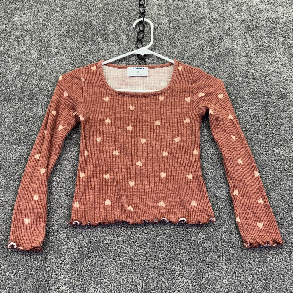 Old Navy Shirt Girls 8 Long Sleeve Heart Print Ruffle Hem Fitted Knit